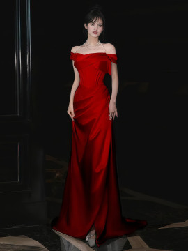 Shop 2025 ANNAKOO Burgundy Satin Trumpet Mermaid Ruched Prom Dress Under 139