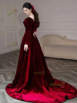 Shop 2025 ANNAKOO Long Sleeve Velvet Burgundy A Line Keyhole Prom Dress Under 149