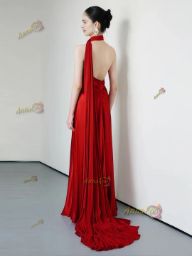 Shop 2025 ANNAKOO Red Halter Ruched Satin A Line Cape Satin Prom Dress Under 139