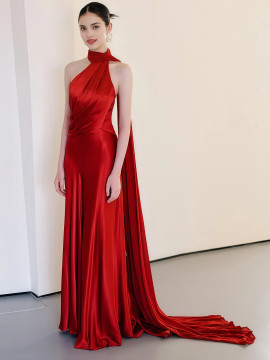 Shop 2025 ANNAKOO Red Halter Ruched Satin A Line Cape Satin Prom Dress Under 139