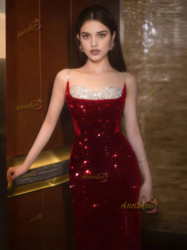 Shop  2025 ANNAKOO Spaghetti Straps Burgundy Sequin Trumpet Mermaid Prom Dress Under 149