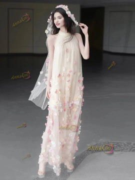 Shop 2025 ANNAKOO High Neck Tulle Flowers Beige A Line Prom Dress Under 159