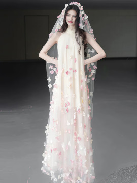 Shop 2025 ANNAKOO High Neck Tulle Flowers Beige A Line Prom Dress Under 159