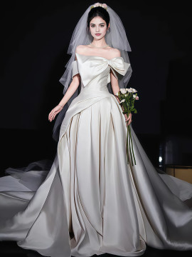 Shop 2025 ANNAKOO Satin Bow Off The Shoulder Trumpet Mermaid Wedding Dress Under 189