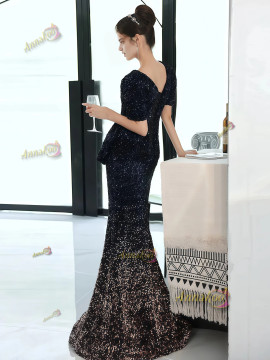 Shop 2025 ANNAKOO Navy Blue V Neck Short Sleeve Sequin Trumpet Mermaid Prom Dress Under 167