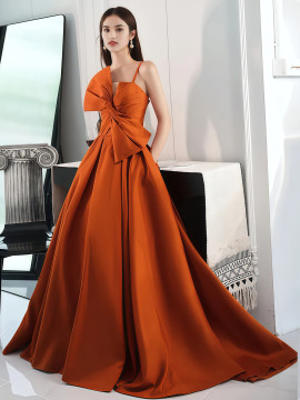 Shop 2025 ANNAKOO Orange Spaghetti Straps Satin Ruched A Line Bow Prom Dress Under 149