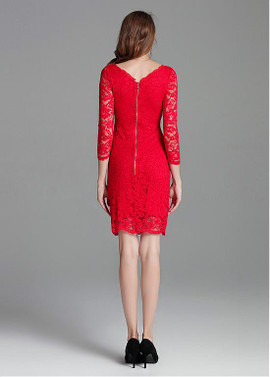 In Stock Lace Jewel Red Short Sheath/Column Cocktail Dress