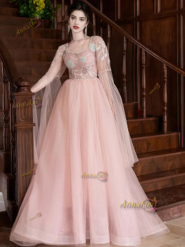 Shop 2025 ANNAKOO Long Sleeves Pink Tulle Beading Flowers Prom Dress Under 189