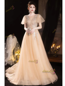 Shop 2025 ANNAKOO Champagne Cap Sleeve V Neck Beading Prom Dress Under 199