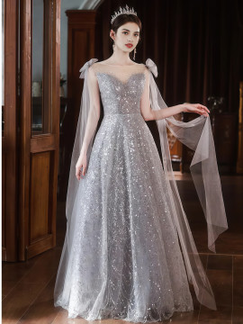 Shop 2025 ANNAKOO Silver Sequin A Line Sheer Prom Dress With Shawl Under 178