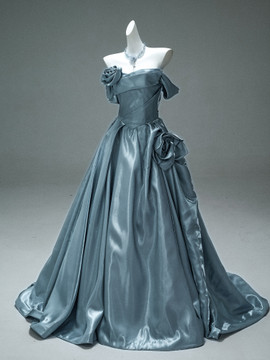 Shop 2025 ANNAKOO Blue Off The Shoulder Satin Flowers A Line Prom Dress Under 298