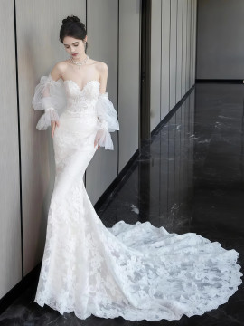 Shop 2025 ANNAKOO Lace Puffy Sleeve Trumpet Mermaid Sweetheart Wedding Dress Under 198