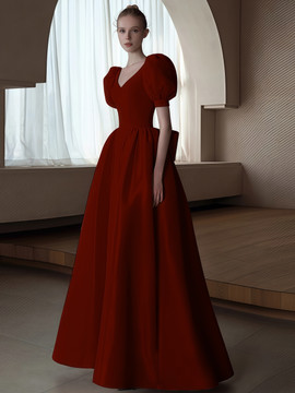 Shop 2025 ANNAKOO Short Sleeves Satin V Neck Burgundy Prom Dress Under 189