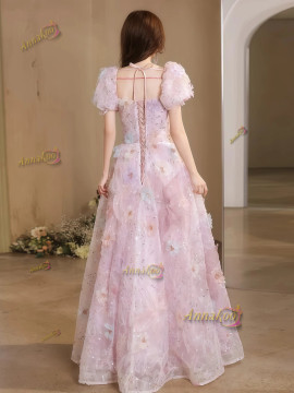 Shop 2025 ANNAKOO Short Sleeve Flower Pink A Line Tulle Prom Dress Under 198