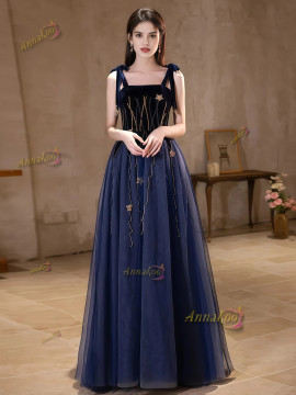 Shop 2025 ANNAKOO Tie Shoulder Square Velvet Tulle Blue Beading Prom Dress Under 187