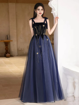 Shop 2025 ANNAKOO Tie Shoulder Square Velvet Tulle Blue Beading Prom Dress Under 187