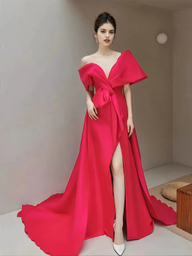 Shop 2025 ANNAKOO Pink Satin Off The Shoulder A Line Prom Dress With Slit Under 149