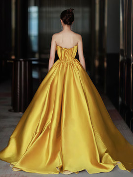 Shop 2025 ANNAKOO Gold Satin A Line Ruched Flower Prom Dress Under 167