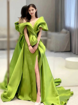 Shop 2025 ANNAKOO Green Satin A Line Ruched Off The Shoulder Prom Dress With Slit Under 167
