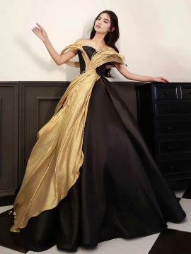 Shop 2025 ANNAKOO Off The Shoulder Satin Black & Gold A Line Prom Dress Under 239