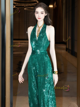 Shop 2025 ANNAKOO Green Sequin V Neck Sexy Jumpsuit Under 132