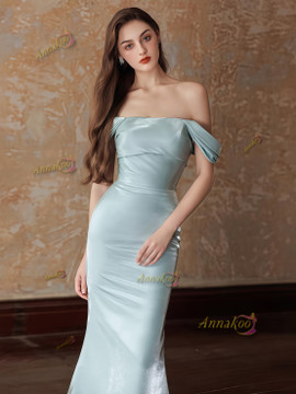 Shop 2025 ANNAKOO Off The Shoulder Trumpet Mermaid Blue Satin Prom Dress Under 149
