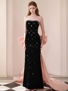 Shop 2025 ANNAKOO Beading Strapless Sheath Column Pink Bow Prom Dress Under 198