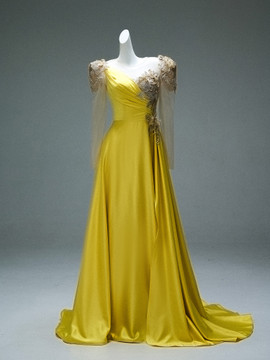 Shop 2025 ANNAKOO Long Sleeve Scoop Yellow Beading Backless Prom Dress Under 499