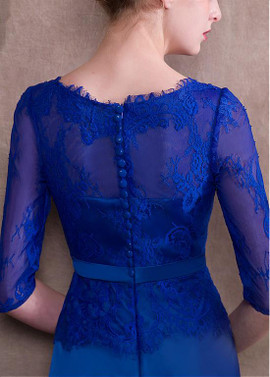 Blue Jumpsuit Acetate Satin Lace Jewel Evening Dress