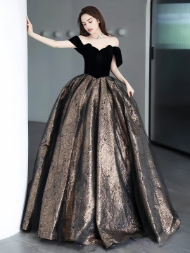 Shop 2025 ANNAKOO Black Off The Shoulder Satin Print A Line Prom Dress Under 178