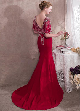 Satin V-neck Burgundy Cap Sleeve Mermaid Evening Dress 
