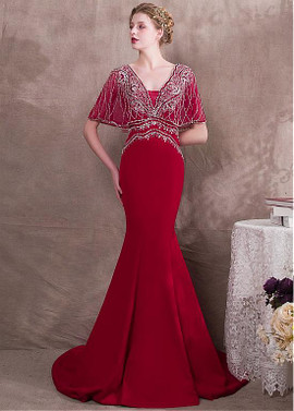 Satin V-neck Burgundy Cap Sleeve Mermaid Evening Dress 