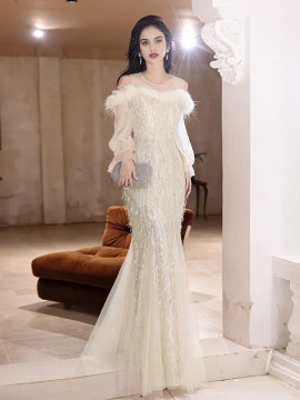 Shop 2025 ANNAKOO Cold Shoulder Long Sleeve Champagne Sequin Prom Dress Under 159