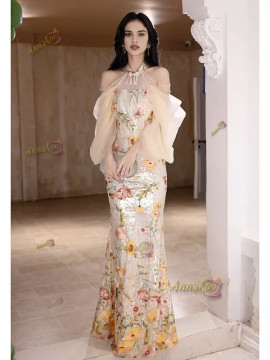 Floral Tulle Trumpet Mermaid High Neck Prom Dress 