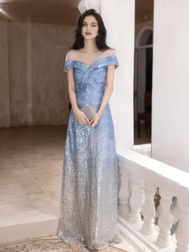 Shop 2025 ANNAKOO Blue Sequin Scoop A Line Ombre Prom Dress Under 149