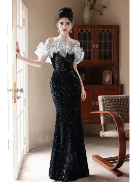 High Neck Black Ruffles Sequin Trumpet Mermaid Prom Dress