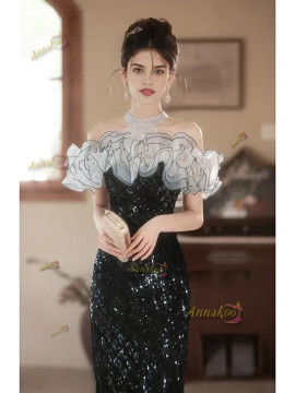 High Neck Black Ruffles Sequin Trumpet Mermaid Prom Dress