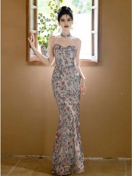 Shop 2025 ANNAKOO Silver High Neck Trumpet Mermaid Floral Prom Dress Under 148
