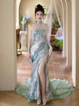 Green High Neck Flowers Trumpet Mermaid Sequin Prom Dress With Slit