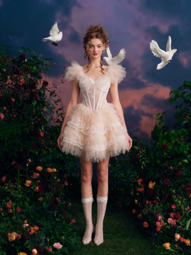 Shop 2025 ANNAKOO Pink Ruffles V Neck Sheer Layer Short Mini Wedding Dress Under 178