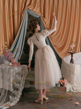 Shop 2025 ANNAKOO Vintage Flower Long Sleeve Lace A Line Tulle Wedding Dress Under 198