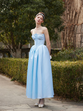 Shop 2025 ANNAKOO Blue Lace Up Satin A Line Sweetheart Prom Dress Under 129