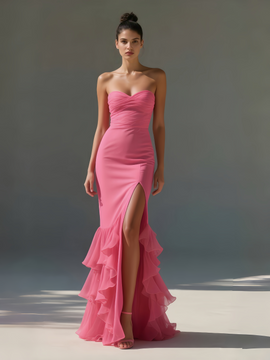 Shop 2025 ANNAKOO Hot Pink Tulle Spandex Trumpet Mermaid Prom Dress With Slit Under 159
