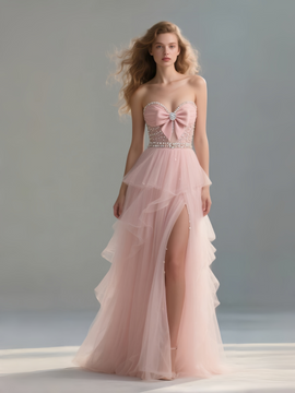 Shop 2025 ANNAKOO Pink Sheer See Through Pearls A Line Tulle Prom Dress With Slit Under 199