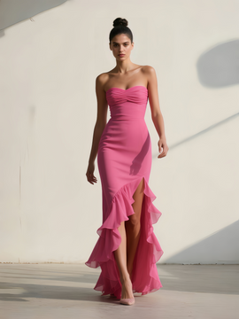 Shop 2025 ANNAKOO Pink Sweetheart Sheath Column Ruffles Spandex Prom Dress With Slit Under 149
