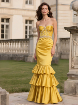 Shop 2025 ANNAKOO Yellow Sweetheart Beading Satin Trumpet Mermaid Prom Dress Under 229