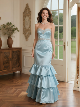 Shop 2025 ANNAKOO Crystal Sweetheart Satin Light Blue Trumpet Mermaid Prom Dress Under 229