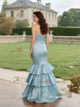 Shop 2025 ANNAKOO Crystal Sweetheart Satin Light Blue Trumpet Mermaid Prom Dress Under 229