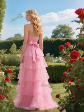 Shop 2025 ANNAKOO Pink Sweetheart Tulle A Line Ruffles Prom Dress With Slit Under 169