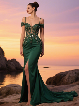 Shop 2025 ANNAKOO Dark Green Trumpet Mermaid Satin Lace Off The Shoulder Prom Dress Under 239